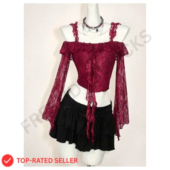 Lace Bell Sleeve Ruffle Backless Boho Crop Top Y2K Chic Tee Shirt - Picture 3 of 6
